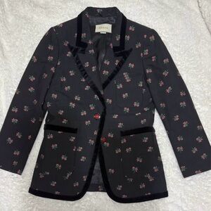 Gucci Black Blazer with Pink Floral Print and Velvet Trim